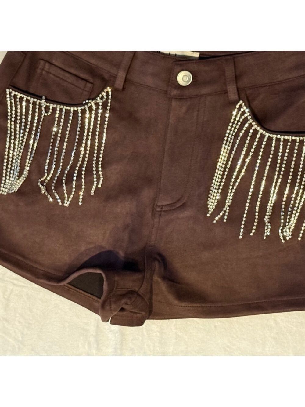 Peach Love Brown Rhinestone Fringe Shorts Small - Picture 4 of 11